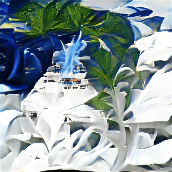 "a white megayacht with blue smoke"