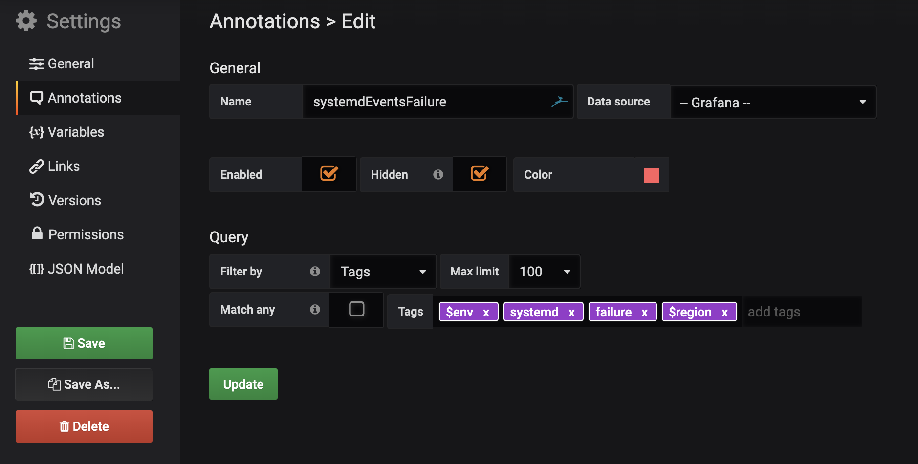 Grafana annotations options for a dashboard